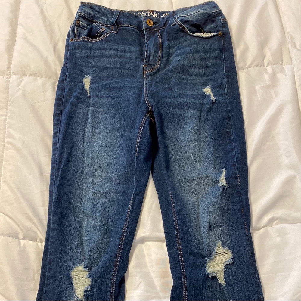Super high rise blue jeans.